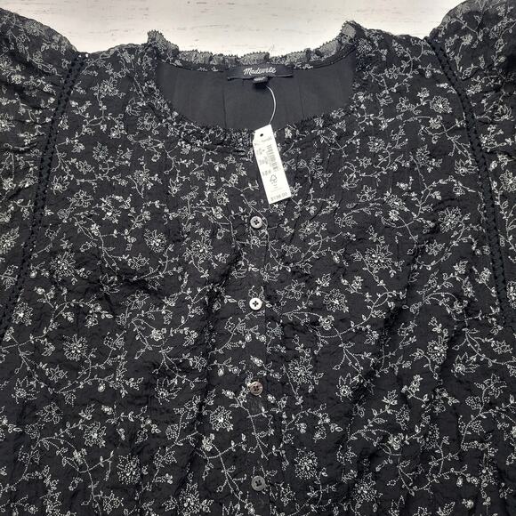 Madewell Ruffle Neck Button Front Mini Dress Dotted Vines Black Floral Medium - Picture 5 of 10